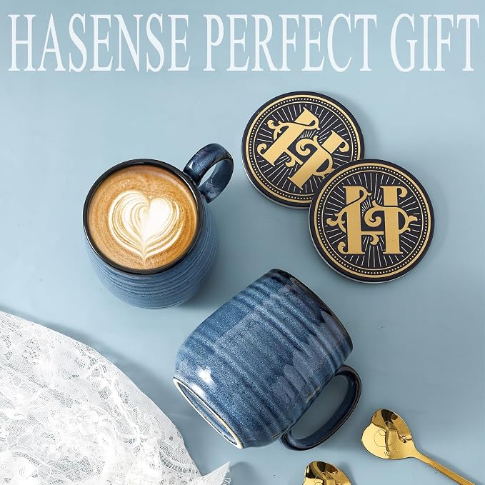 HASENSE Ceramic Coffee Mugs Gift Set for Men, Women, Blue Reactive Glazes | 15oz Coffee Cups with Handles, Vintage Luxury Birthday Gift Ideas for Dad, Mom, Friends, Coworkers, Wife, Couples, 2 Pack