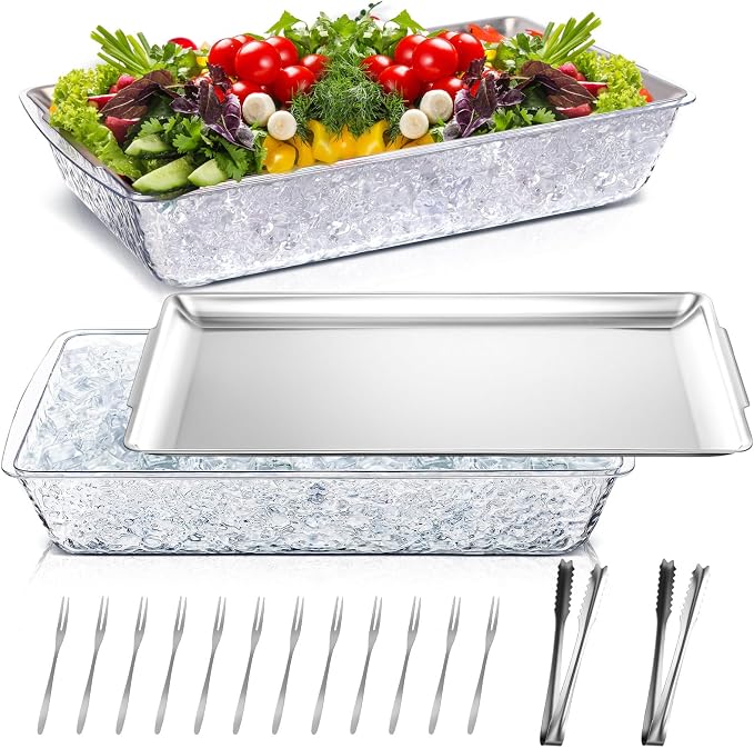 2 Set 16 x 9.45 Chilled Serving Tray for Parties with Compartments Ice Chilled Party Platter Charcuterie Serving Board with Forks Tongs for Fruit Seafood Vegetable Appetizer (Silver)