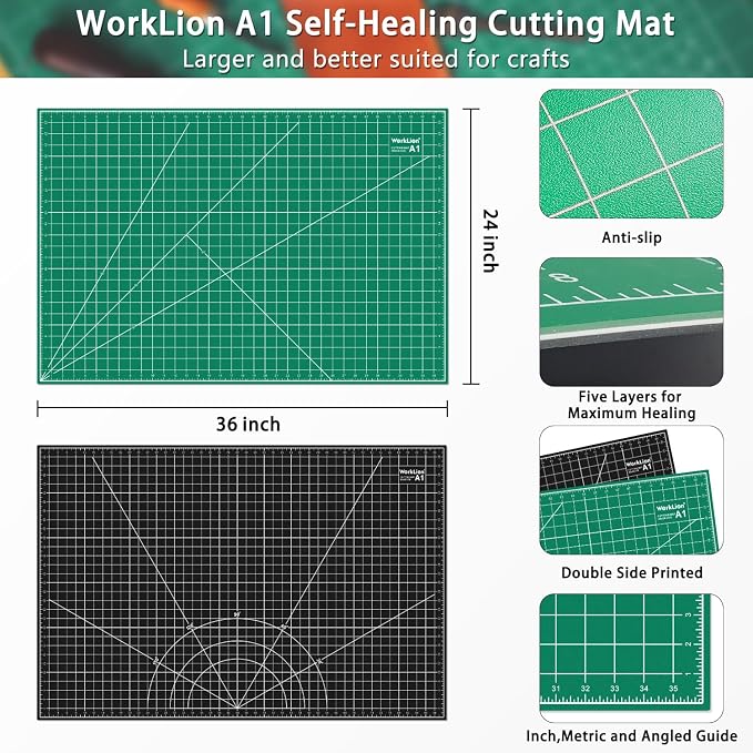 WORKLION Self Healing Cutting Mat: 24 x 36 inch Large Double Sided 5-Layer Gridded PVC Cut Mat for Sewing & Quilting & Scrapbooking & Arts and Crafts Projects (Green/Black)…