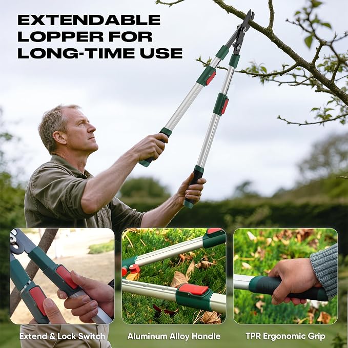 GARTOL 2-Inch Cutting Capacity Bypass Loppers, 26-33" Extendable Tree Branch Cutter, Professional Gear-Driven Labor-Saving Heavy Duty Pruners, Carbon Steel Teflon Blade & Lightweight Aluminum Handles