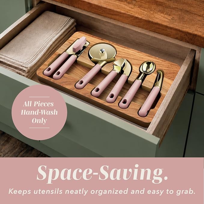 COOK WITH COLOR 6-Piece Kitchen Tool Set with Acacia Wood Cutting Board, Can Opener, Pizza Cutter, Garlic Press, Scoop & Peeler, Pink
