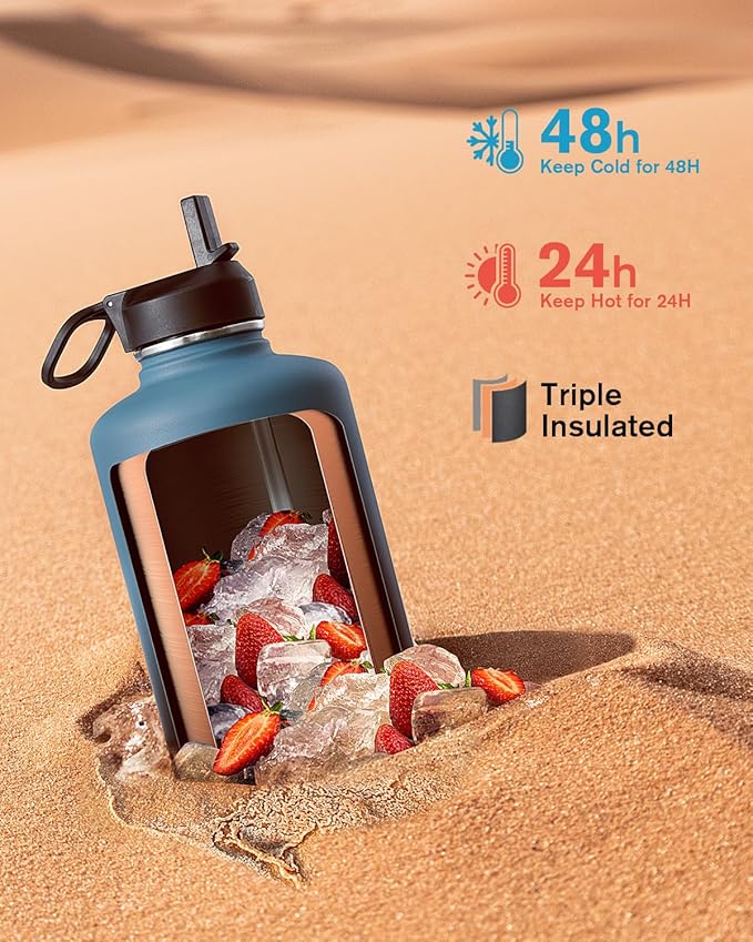 Coolflask Water Bottle 87 oz with Straw, 2/3 Gallon Insulated Stainless Steel Large 3 Lids Big Water Jug for Sports or Office, Non-BPA Keep Cold Up to 48 Hrs or Hot Up to 24 Hrs, Samurai Cyan