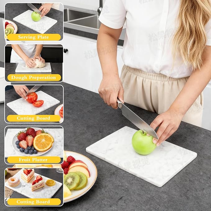 Marble Cutting Board for Kitchen 12×8 Inch Italian Carrara White | Natural stone, 0.59" thick, non-slip feet, stay cool for dough/butter, ideal for pastry, cheese, charcuterie, pizza, bread