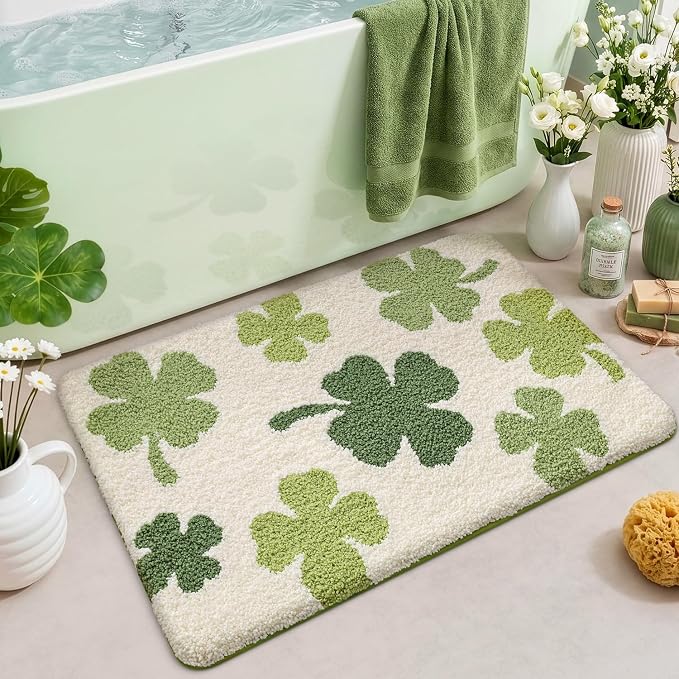 LUMI Bath mats for Bathroom, 16"x24" Non Slip Absorbent Soft Bath Mat, Washable Low Profile Bathroom Rug, Ideal for Shower, Tub, Clover