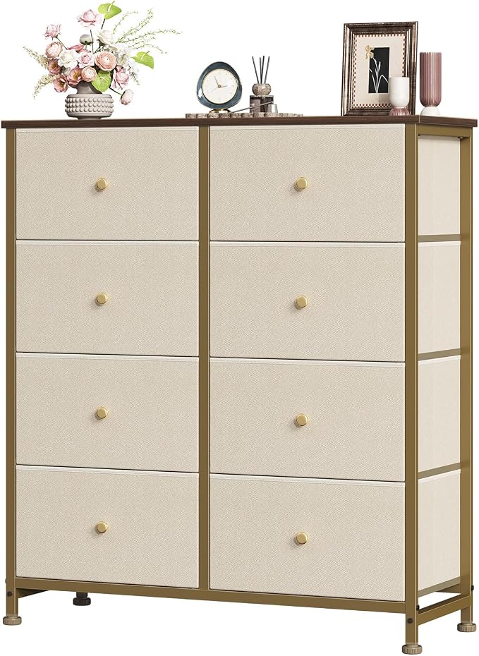 Sweetcrispy 8 Drawer Dresser for Bedroom, Organizer Storage Drawers, Khaki | Fabric Storage Tower, Chest of Drawers with Steel Frame, Wood Top for Living Room, Closet