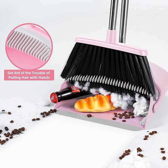 BSKLIN Broom and Dustpan Set for Home, 52" Long Handle Standing Broom Set with Dustpan Self-Cleaning Teeth for Hair Removal Heavy Duty Indoor Outdoor Sweeping Kit for Kitchen Garage (Pink)
