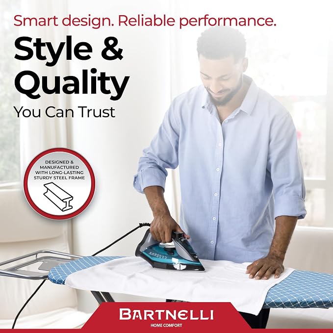 Bartnelli Premium Full-Size Ironing Board 45x15 Inch Large Surface, Integrated Upgraded Iron Rest with Hanger Rack, Height Adjustable, Heavy-Duty Metal Frame, 4 Non-Skid Feet, 4-Layer Cover & Pad