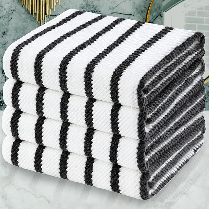 VOOVA & MOVAS Bath Towels 4PC, 100% Cotton, 30x56 in, Black White | Quick Dry, Thick, Soft, Absorbent, Suitable For College Dorm, Bathroom, Gym, Travel, Spa