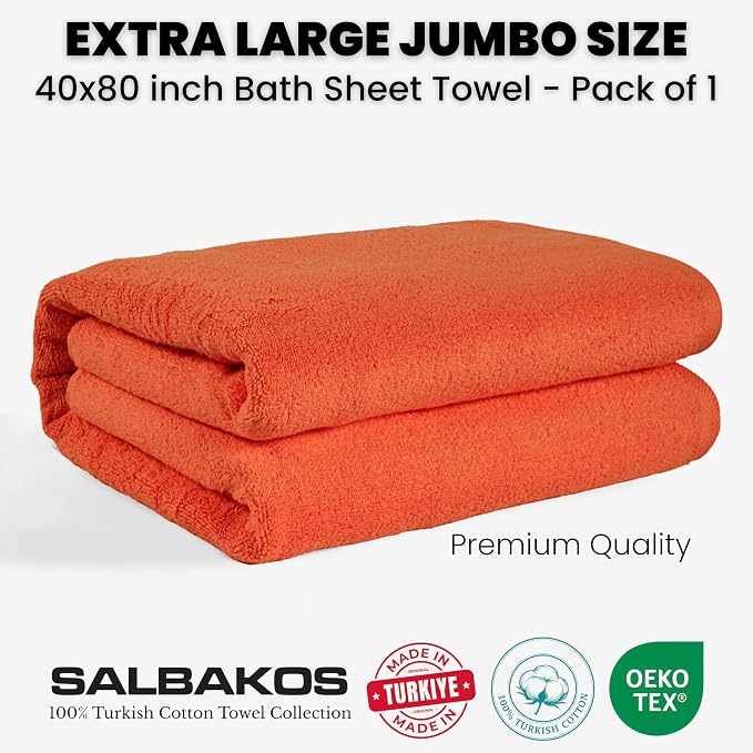 SALBAKOS Luxury 100% Turkish Cotton Bath Sheet 40x80 in (1-Piece, Orange) | Extra Large Jumbo Oversized Bathroom and Beach Towel, Super Soft Highly Absorbent Thick Premium Hotel Quality, Made in Turkey