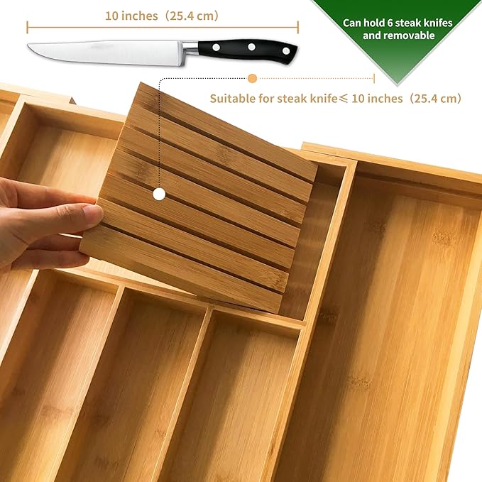 VaeFae Bamboo Silverware Drawer Organizer Kitchen, Expandable Utensil Organizer with Knife Block, Cutlery Tray with Divider, Multifunctional Drawer Organizer