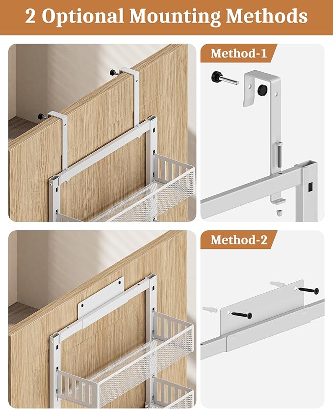 POKIPO Over the Door Pantry Organizer 8-Tier, Large Metal Door Spice Rack with Adjustable Basket, 2 in 1 Wall Mount or Hanging Heavy-Duty Pantry Door Storage Shelf for Kitchen and Bathroom, White