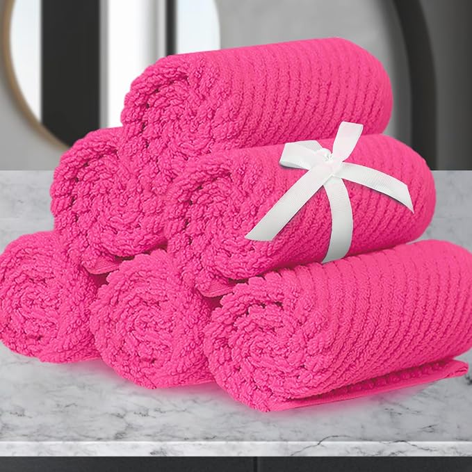 VOOVA & MOVAS Washcloths 6PC, 100% Cotton, 13x13 in, Hot Pink | Thick, Quick Dry, Soft, Absorbent, Luxury Towels For Face, Fluffy Wash Cloths, Towel Gift Set