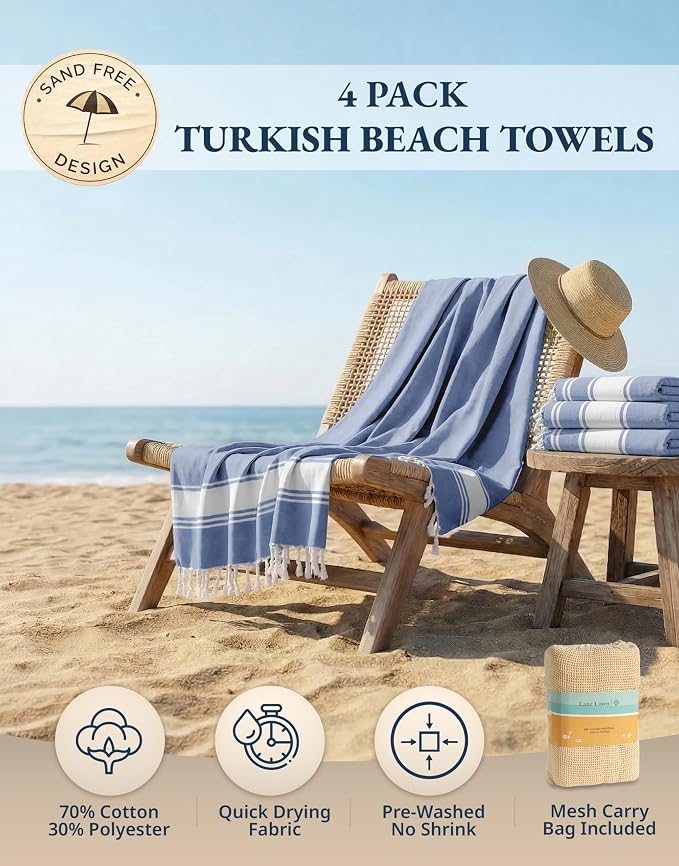LANE LINEN 4 Pack Pool & Beach Towels, Oversized, 39"x71" - Forever Blue | Compact & Vacuum-Packed - Long-Lasting & Fresh - Super Soft, Cotton-Rich Feel - 4 Pack Forever Blue - Beach Ready