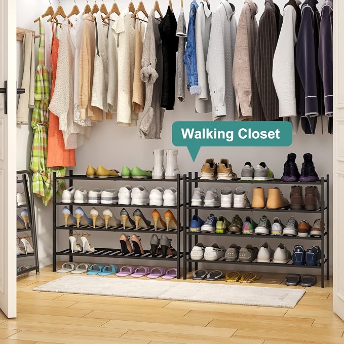viewcare Black 4-Tier Long Shoe Rack, Bamboo Wood, 33-Inch