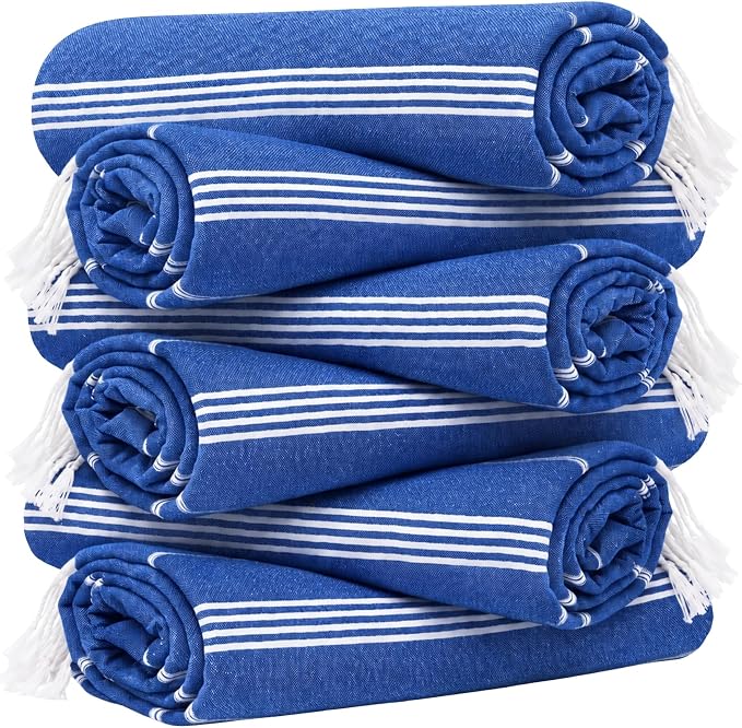 HAVLULAND Turkish Beach Towel Set of 6 Oversized 72x40 100% Turkish Cotton | Soft Hammam Peshtemal, Sand Free, Quick-Dry, Absorbent Bath Towel | Lightweight & Compact for Travel, Pool, Gym, Spa - Blue