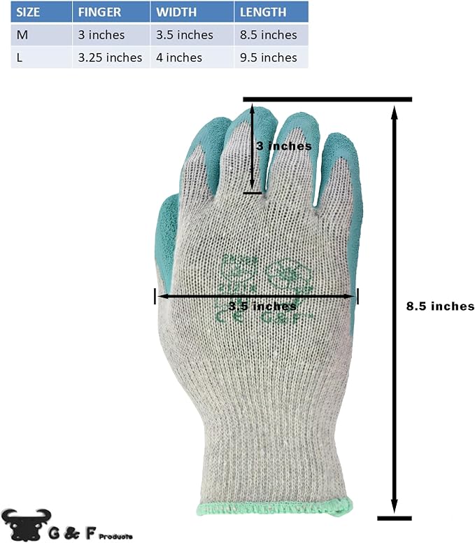 G & F Rubber Latex Double Coated Work Gloves for Construction, gardening gloves, heavy duty Cotton Blend