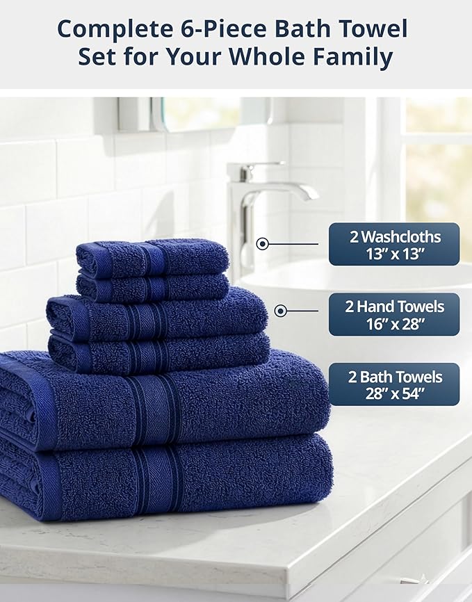 LANE LINEN Luxury Bath Towels Set - 6 Piece Set, 100% Cotton Bathroom Towel, Zero Twist, Quick Dry Shower Towels, Extra Soft Absorbent Towel, 2 Bath Towels, 2 Hand Towels, 2 Wash Cloths - Navy
