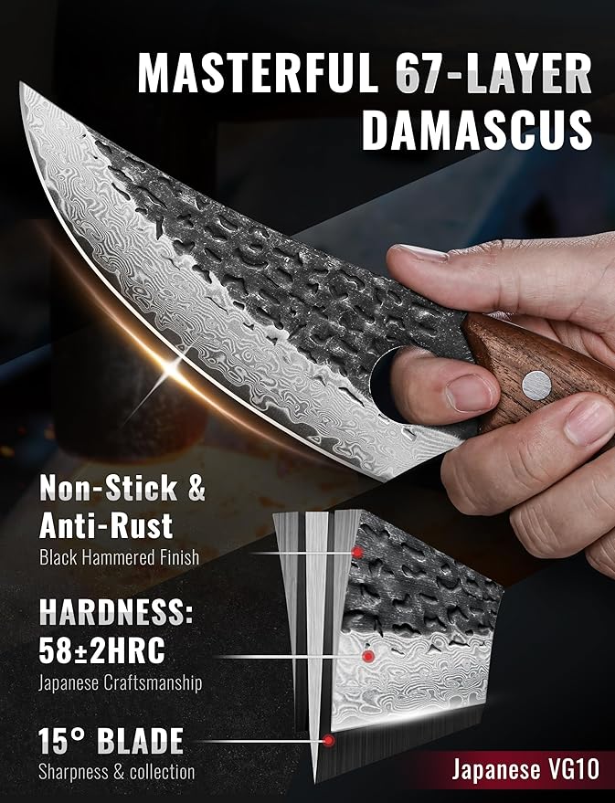 Damascus Chef Knife, 67-Layer Damascus Steel Kitchen Knife with Black Hammered Finish, Japanese Knives for Home, Outdoor Cooking, BBQ, Include Gift Box, 6.3 Inch