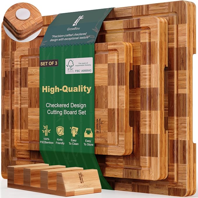 Extra Large Bamboo Cutting Boards, 3-Pack Heavy Duty Bamboo Cutting Boards Set with Juice Grooves & Non-Slip Feet – Extra Large Thick Wood Chopping Board for Meat, Fruits & More, Non-Toxic & Durable