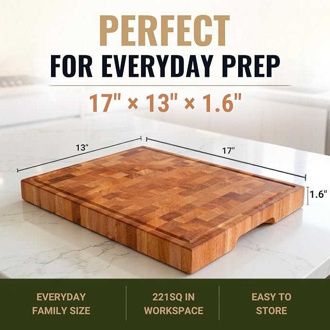 SHUMARU Mahogany End Grain Cutting Board, 17×13×1.6 in – Handmade Butcher Block, Knife-Friendly, Juice Groove, Non-Slip Feet