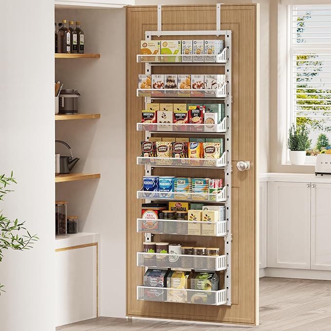 POKIPO Over the Door Pantry Organizer 8-Tier, Large Metal Door Spice Rack with Adjustable Basket, 2 in 1 Wall Mount or Hanging Heavy-Duty Pantry Door Storage Shelf for Kitchen and Bathroom, White