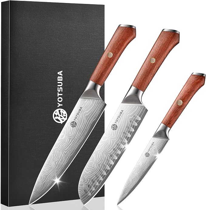 YOTSUBA 3 PCS Japanese Kitchen Knife Set, Razor Sharp High Carbon Stainless Steel Chef Knives with Ergonomic Natural Rosewood Handle, Premium Gift Box for Home & Restaurant Use