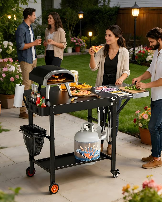 Pizza Oven Table, Grill Table for Ninja Pizza Oven, Pizza Oven Cart Fits Blackstone 17/22 Griddle, Koda 12/16, Cuisinart Gozney, Solo Stove,Outdoor Pizza Oven cart with Sliding Covered Storage Tray