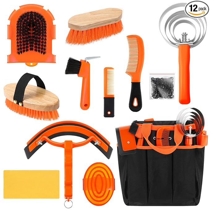 Abbylike 12 Piece Horse Grooming Kit with Organizer Tote Bag Brush Sets for Derby Day Show Horses Professional Tools for Care & Massage(Orange)