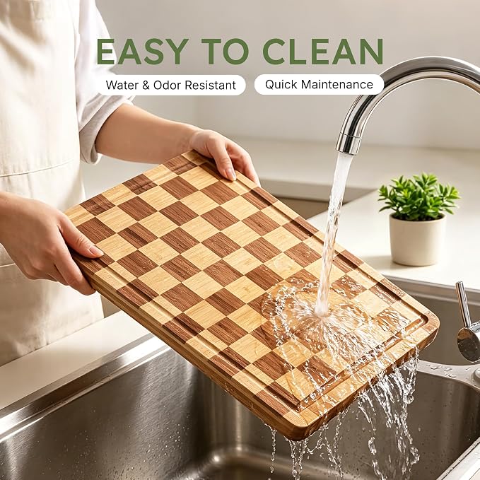 Bamboo Cutting Boards for Kitchen Wooden Checkered Cutting Board with Deep Juice Groove Non Toxic Charcuterie Board Cheese Serving Tray Non Slip End Grain Thick Large Wood Chopping Board 17”x 12”