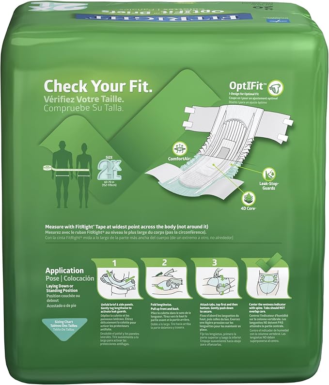 FitRight OptiFit Extra Adult Briefs, Incontinence Diapers with Tabs, Moderate Absorbency, 2XL, 60 to 70", 20 Count (Pack of 4)