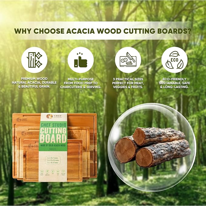 Acacia Wood Cutting Board (Set of 3) – Wooden Cutting Boards for Kitchen, Chopping and Serving, Non Plastic Bamboo Alternative, Hostess Gifts for Christmas, Thanksgiving, New Year