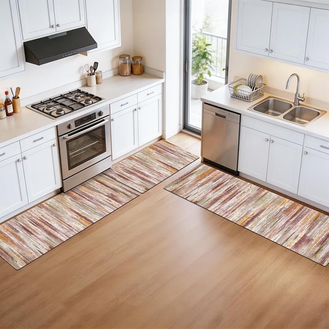 XLHOMO Kitchen Rugs Sets of 3, Non Slip Washable Kitchen Mats for Floor, Cushioned Anti-Fatigue Comfort Kitchen Mat, Rubber Backing Abstract Kitchen Floor Mat for Laundry, Desk, Sink, Office