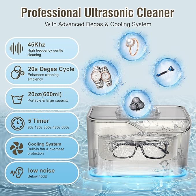 LifeBasis Ultrasonic Cleaner, Professional 45kHz Ultrasonic Jewelry Cleaner 20 Ounces (600ML) with Digital Timer, Watch Holder Ultrasonic Glasses Cleaner for Rings, Coins, Watches, Dentures, Silver