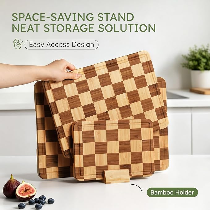 3 Pack Bamboo Cutting Board Set Checkered Wooden Cutting Board for Kitchen Non Toxic Charcuterie Board Serving Non Slip End Grain Wood Chopping Board for Meat Fruit Cheese Kitchen Housewarming Gift