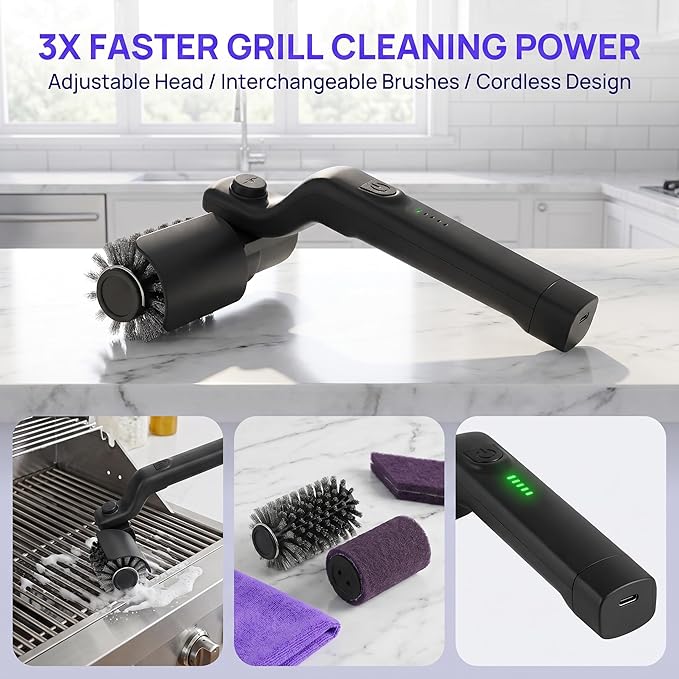 Electric Grill Brush for Outdoor, 180°Adjustable Rechargeable Cordless BBQ Grill Cleaner Brush, 3-Speed Power Rotary Grill Cleaning Brush, Reinforced Steel Bristles for Gas Charcoal Barbecue Grates