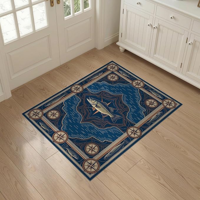 3'x5' Washable Area Rug Bass Nautical Wildlife Lake Map Border Lure Tackle Fish Fishing Refined for Home Office, Hallway, Laundry Room, Non-Slip Chair-Friendly