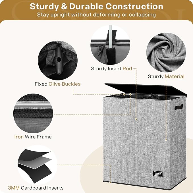 SOLEDI Double Laundry Basket with Lid and Removable bag, Large Laundry Hamper 2 Section with handles, Collapsible Dirty Clothes Hampers for Laundry, Bedroom, Dorm, College