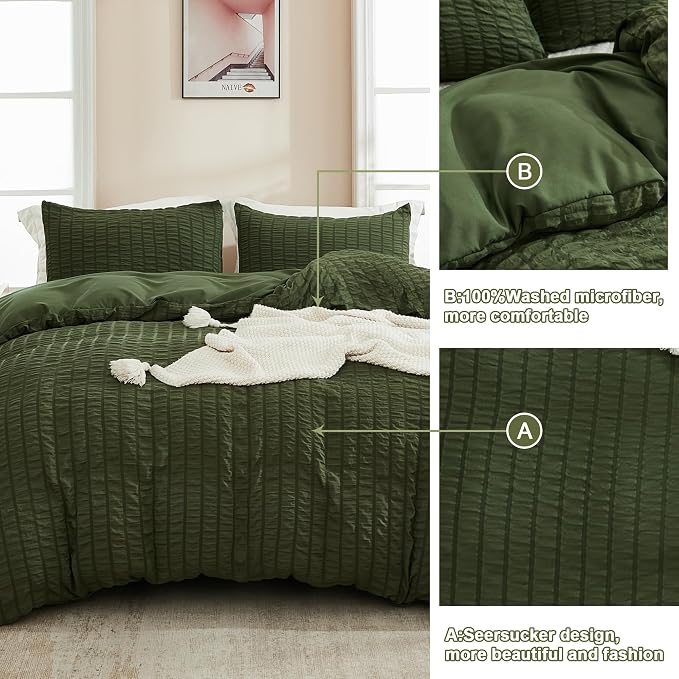 AveLom Dark Olive Green Seersucker Duvet Cover Set Full (80 x 90 inches), 3 Pieces (1 Duvet Cover + 2 Pillow Cases), Ultra Soft Washed Microfiber, Textured Duvet Cover with Zipper Closure, Corner Ties
