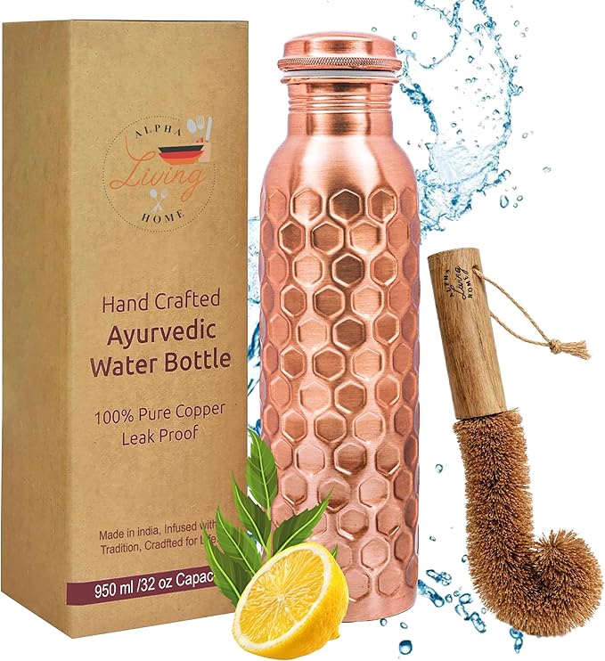 Copper Water Bottle 32 Oz Extra Large, Real Copper Drinking Bottle, Honeycomb Ayurvedic Bottle for Drinking Water, Leak Proof Vessel with Cleaning Brush, Home Office Use