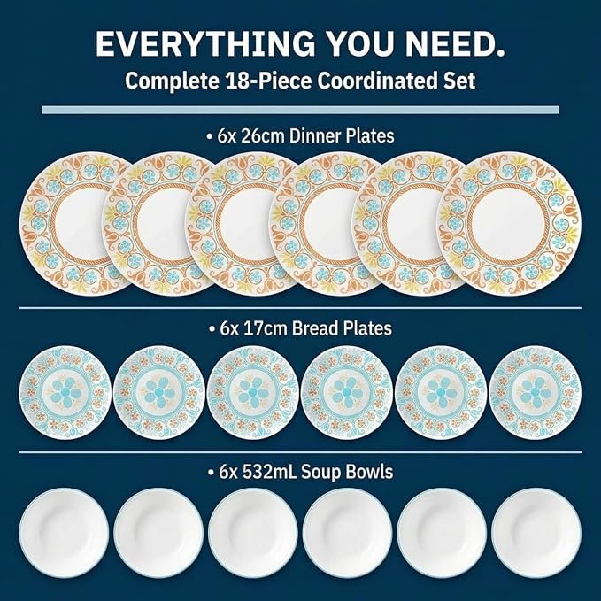 Corelle Terracotta Dreams Dinnerware Set for 6 18 Pieces Dinner Plates, Appetizer Plates, and 18 Oz Bowls Dishwasher, Microwave, and Freezer Safe Proudly Made in the USA