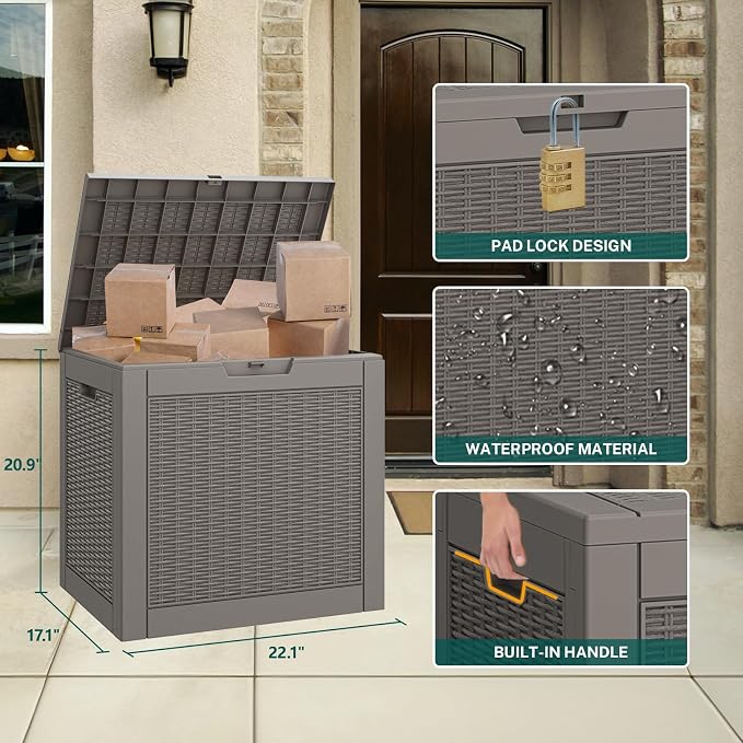 30 Gallon Outdoor Storage Box, Resin Deck Boxes Indoor and outdoor, Waterproof Storage Box Lockable Lid for Garden Tools, Package Delivery, Pool Supplies, Patio Cushions, Grey
