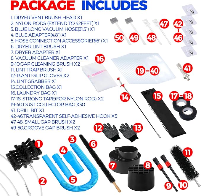 Holikme Dryer Vent Cleaner Kit Dryer Cleaning Tool Include Dryer Vent Brush, Omnidirectional Blue Dryer Lint Vacuum Attachment Dryer Lint Trap Brush, Vacuum & Dryer Adapters
