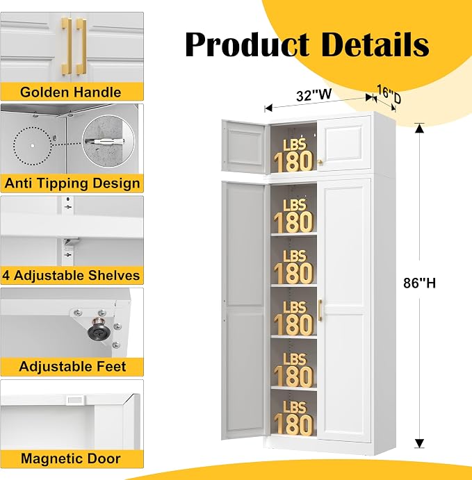 Steeloong 86"Metal Pantry Storage Cabinet with Doors & 4 Adjustable Shelves | Kitchen Pantry Cabinet,White Kitchen Cabinet with 4 Gold Handles,Tall Cabinet for Livingroom,Pantry, Bathroom,Kitchen,Garage