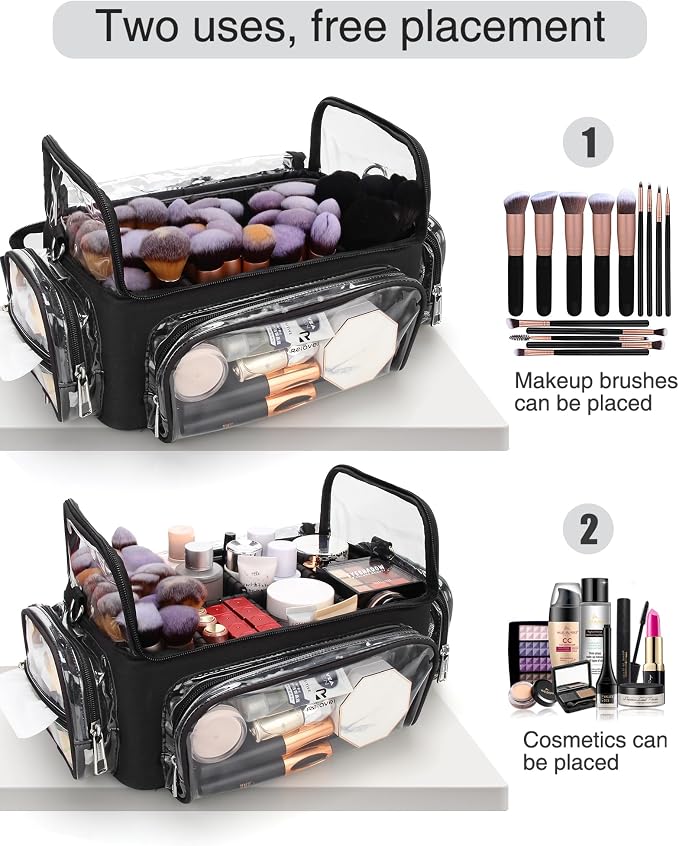 Makeup Brush Bag, Makeup Brush Case for Makeup Artist with Plastic Dividers Washable, Portable Travel Makeup Train Case with Clear Waterproof Cover for Easy to Clean and Find with Adjustable Strap