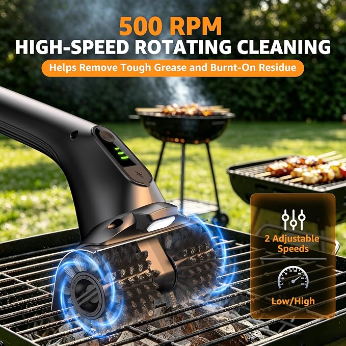 Dual Roller Electric Grill Brush, 22.5kg High Torque BBQ Grill Cleaner with Stainless Steel Bristles, 2-Speed Rechargeable Power Brush for Deep Outdoor Grill Cleaning, IPX5 Waterproof