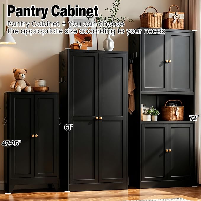 AQY Metal Pantry Cabinet, 72" Black Kitchen Storage Cabinet with Doors | Microwave Stand 3 Adjustable Shelves Freestanding Storage Metal Cabinet Kitchen Organization