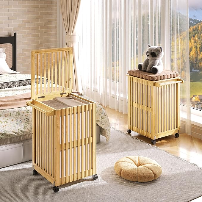 HOOBRO Laundry Hamper with Lid and Wheels, 120 L (31Gal) Double Laundry Basket, Bamboo Clothes Hamper with Handles and Removable Liner, for Laundry Room, Bathroom, Bedroom, Natural YL60XY01