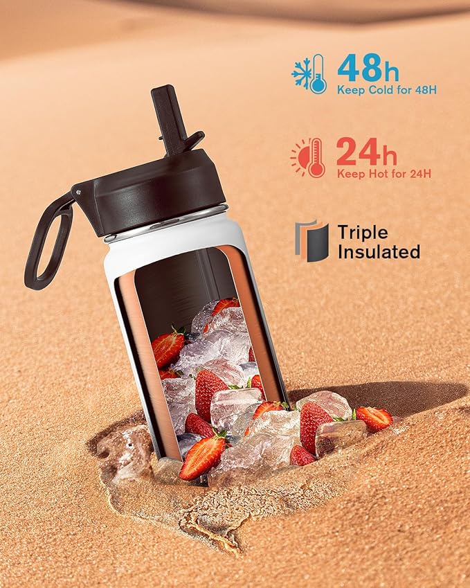 Coolflask Water Bottle 24 oz Insulated with Straw, Stainless Steel Metal 3 Lids Water Flask Wide Mouth for Sports or Office, Non-BPA Keep Cold Up to 48 Hrs or Hot Up to 24 Hrs, White & Black