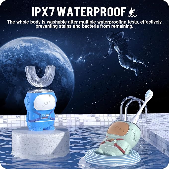 RexCodar Ultrasonic Kid's U-Shaped Electric Toothbrush, IPX7 Waterproof, Five Cleaning Modes,Cartoon Astronaut, 60S Smart Reminder (6-12 Age (Blue))