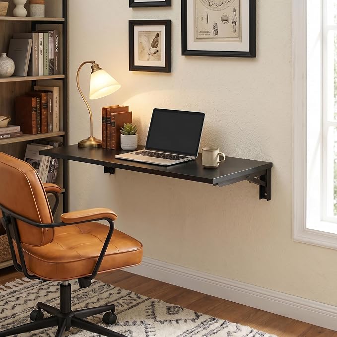 Need 36x20IN Wall Mounted Folding Table for Office Laundry Black | Black Frame Fold Down Wall Mount Desk Folding Wall Table for Small Apartment, Garage&Ironing Station